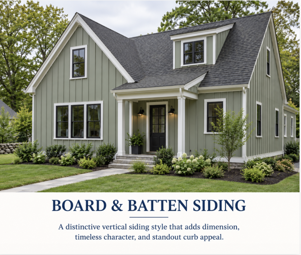 Sage green board-and-batten siding on a New England home.