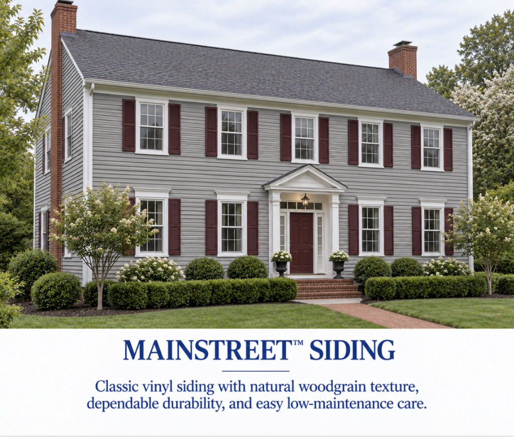 MainStreet™ card features a distinct center-hall Colonial with Sterling Gray siding, burgundy shutters, twin chimneys, and symmetrical landscaping.