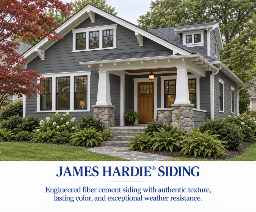 the James Hardie® card features a distinct Craftsman bungalow with Iron Gray fiber-cement siding, fieldstone porch columns, and native landscaping.