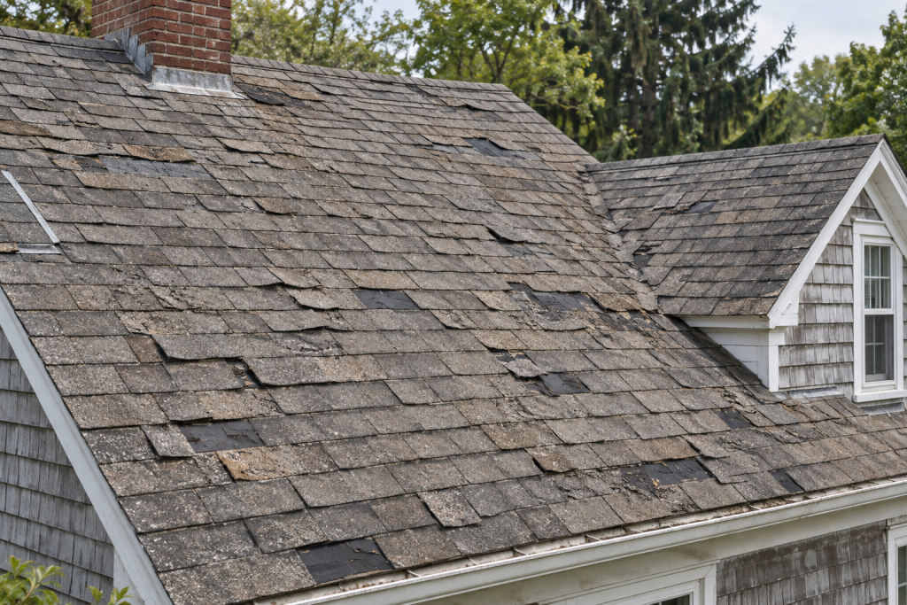 Aging asphalt shingle roof with widespread curling, cracking, and missing shingles.