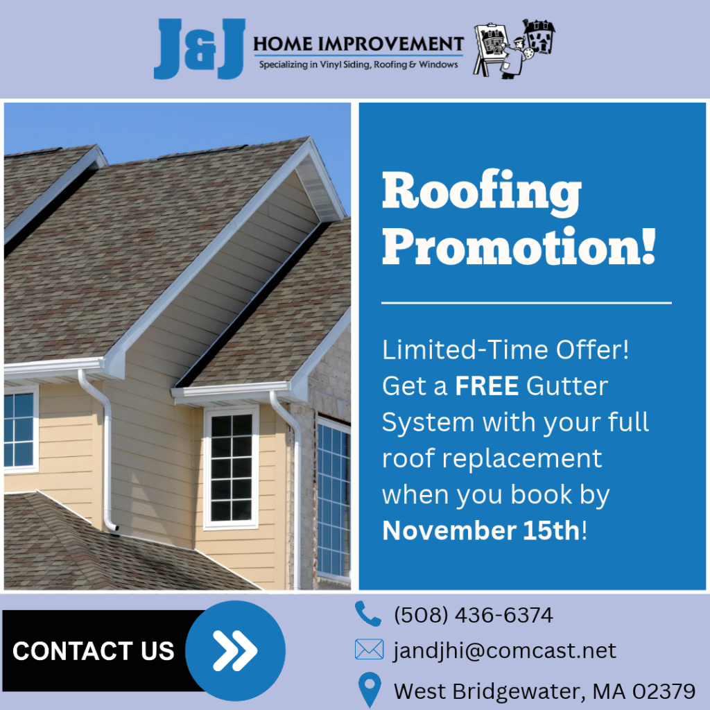 Blue and light blue Roofing Promotion flyer with roof, and contact information