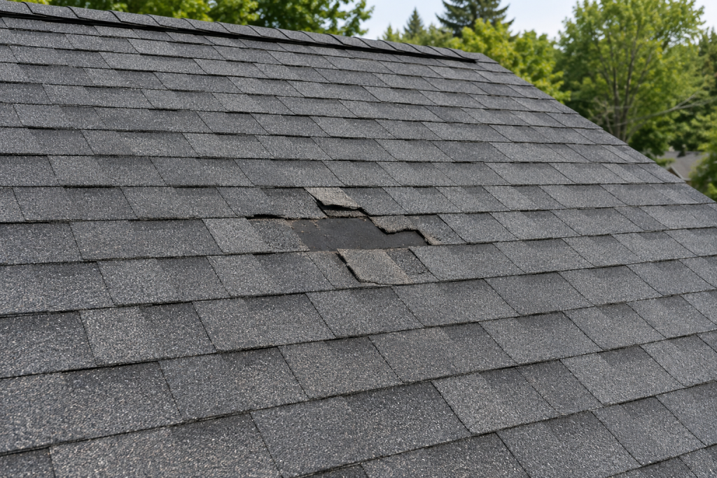 Small patch of missing asphalt shingles on an otherwise intact roof.